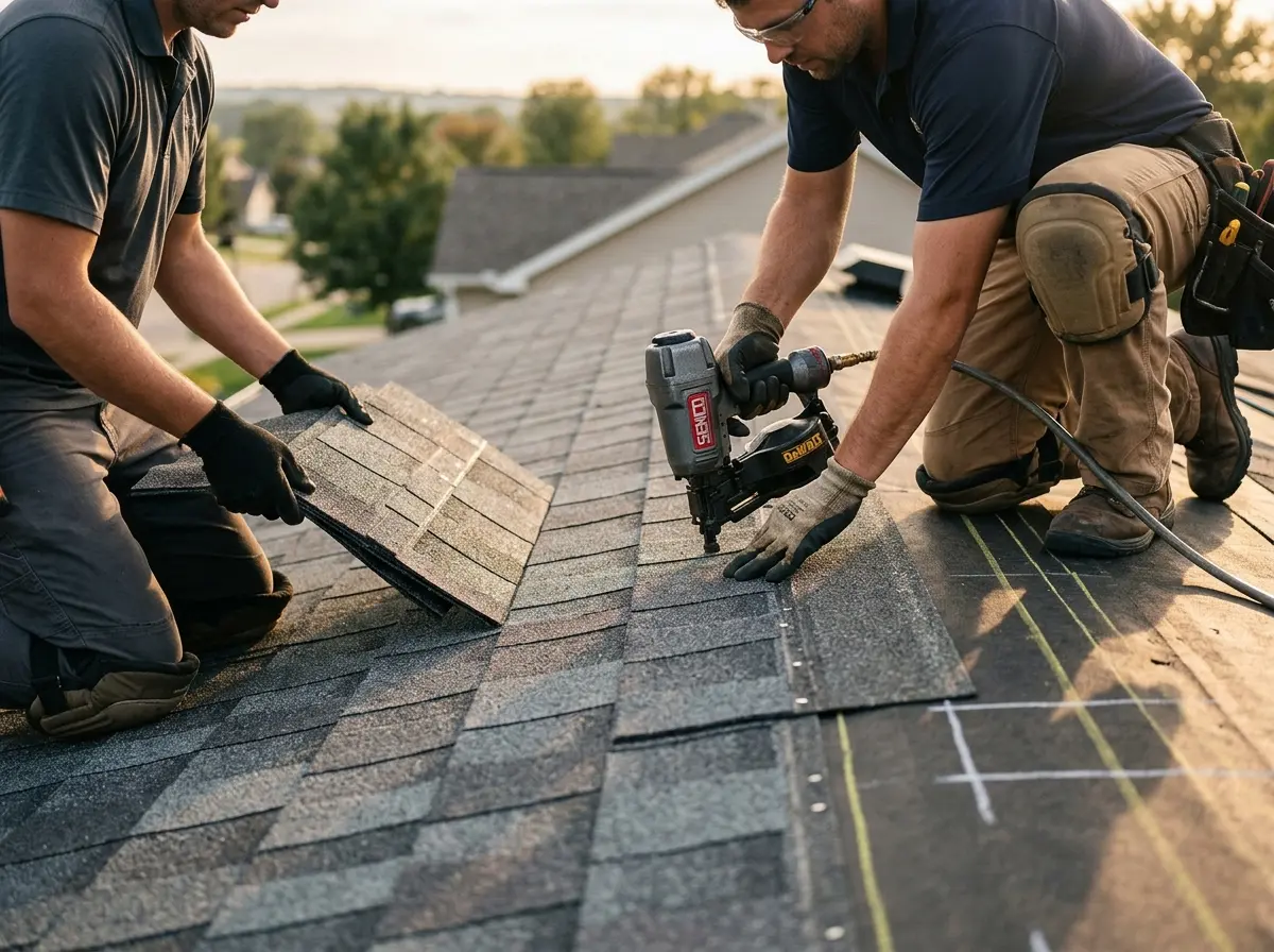 Professional roofer working on a residential roof in Mishawaka
